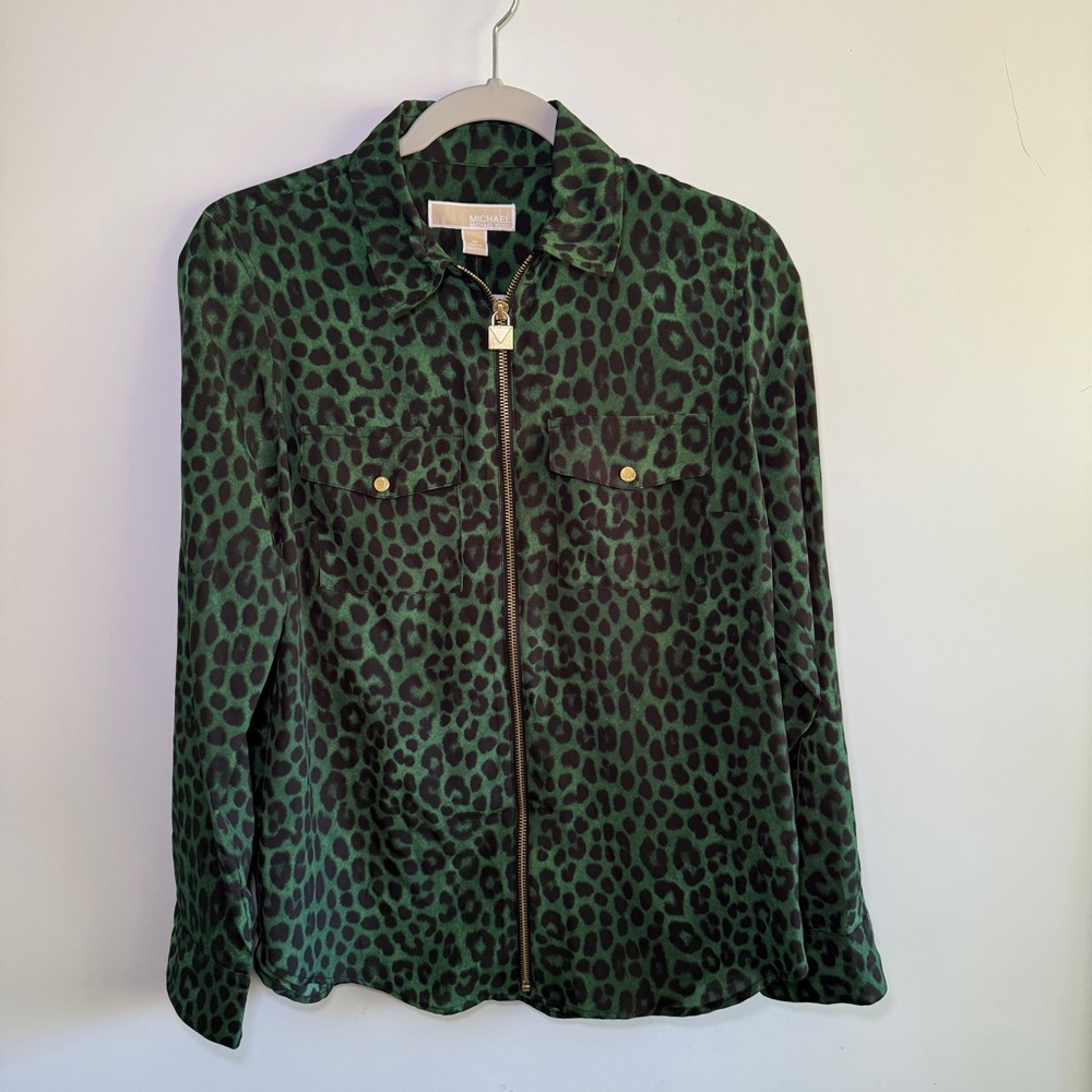 Michaels Green Leopard Print Button Down Shirt